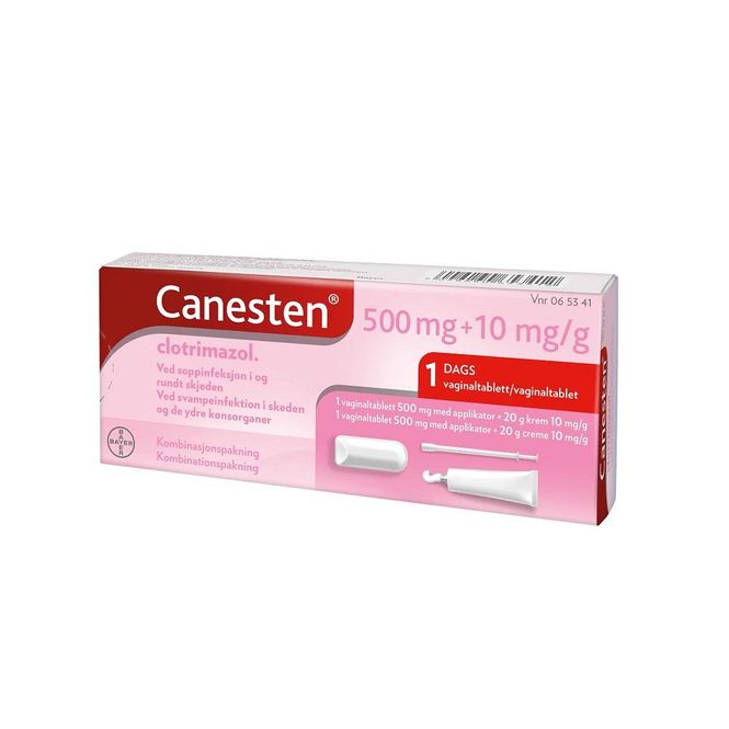 Hovedbilde Canesten 1 vagitorie tablett 500 mg / 20 g krem 1%